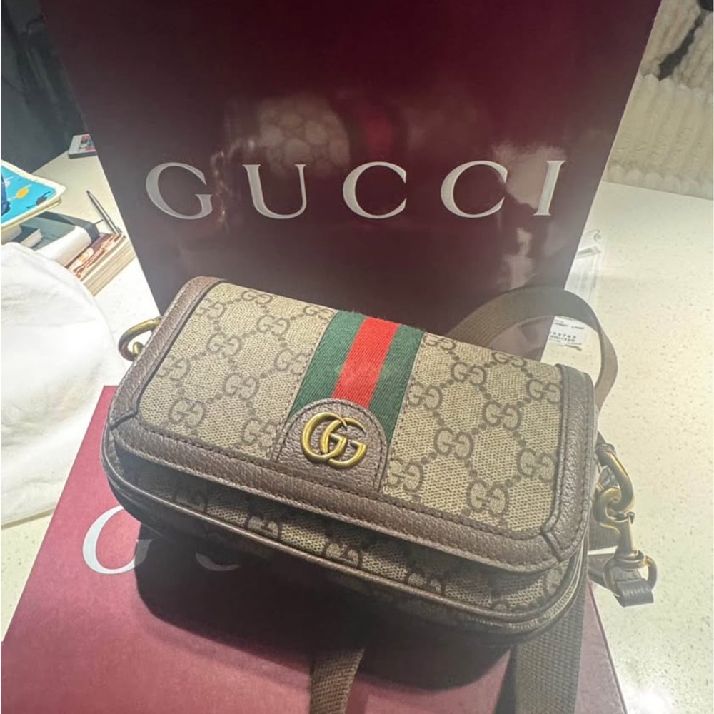 Gucci Beige Crossbody Bag with Green and Red Stripe